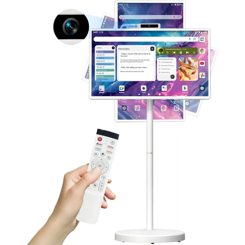 Televisor Inteligente Portátil FHD de 32 Pulgadas con Ruedas, Pantalla Táctil con Sistema Operativo Android 15, 6+128 GB de Rom, Batería Integrada de 9600 mAh, Cámara Web de 8MP, Altavoz