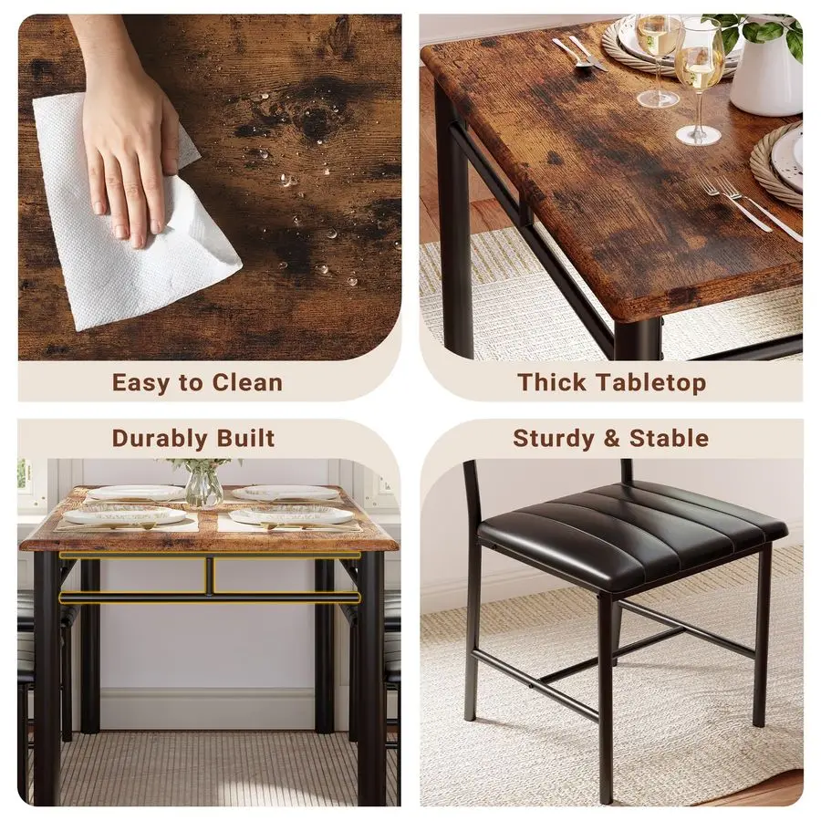 ชุดโต๊ะอาหารสำหรับ 4 ที่นั่ง โต๊ะไม้สำหรับห้องครัวพร้อมเก้าอี้หุ้มเบาะ สำหรับห้องครัวและพื้นที่ขนาดเล็ก สีน้ำตาลแบบเรียบง่าย