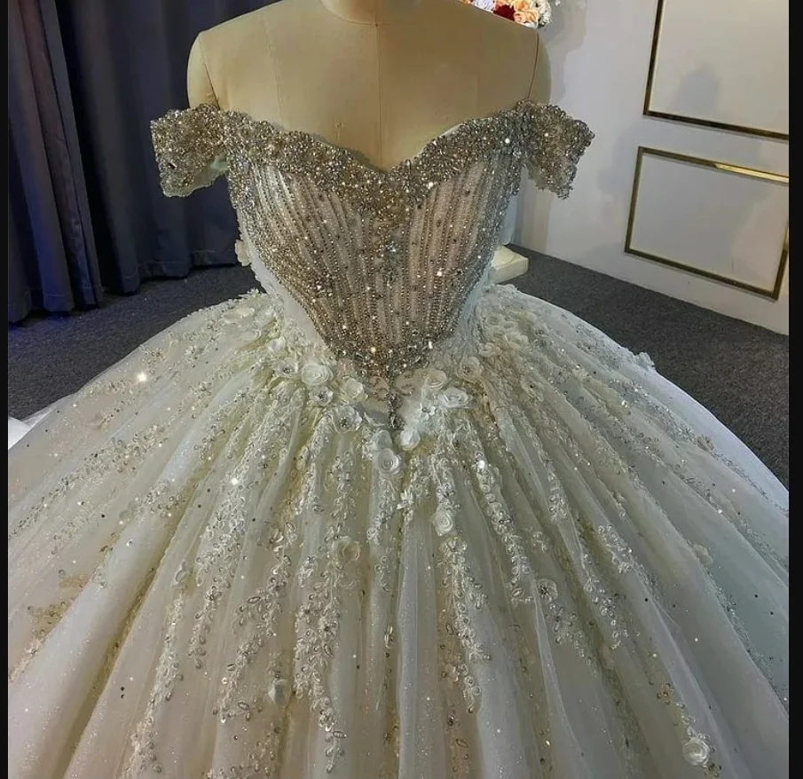 

Customized Off the Shoulder Sparkly Crystals Beads Ballgown Wedding Dress Vestidos De Casamento Appliques Bridal Gown 2025