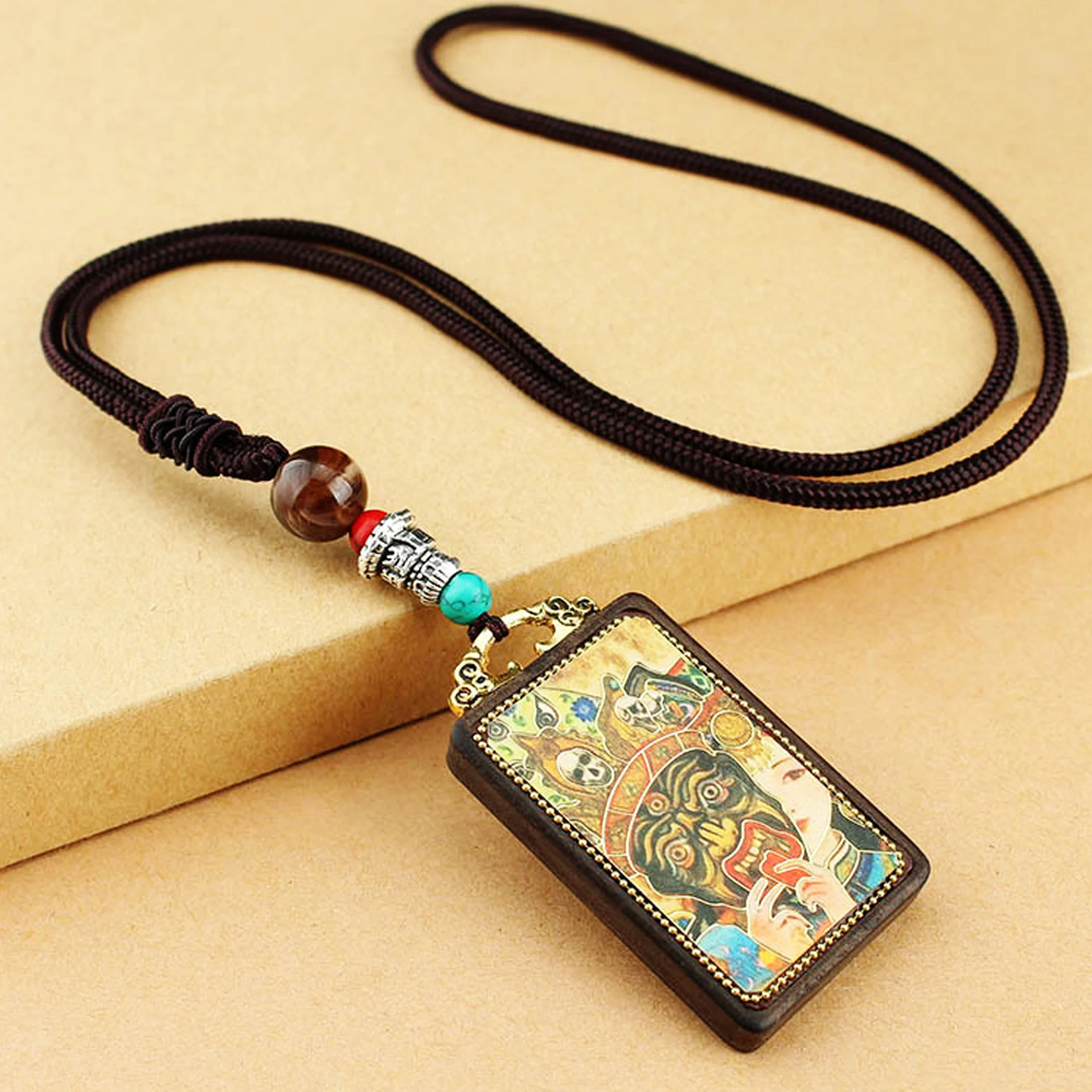 Chinese Retro Nepal Xizang Thangka Handmade Ebony Necklace Sunrise Tathagata Yellow God of Wealth National Style Hanging Gift