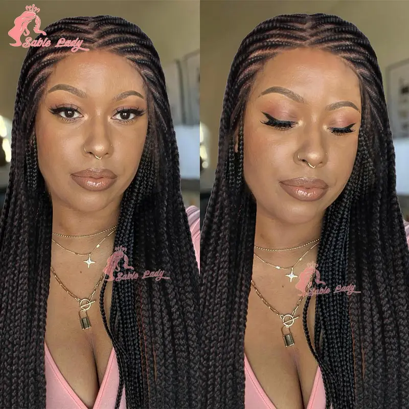 Synthetic Full Lace Front Knotless Box Braided Wigs 36Inch Lace Frontal Braiding Wig For Black Women Goddess Cornrow Braids Wigs