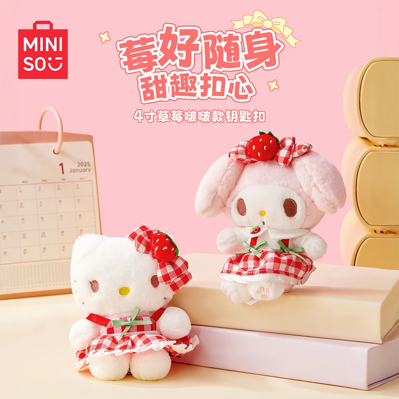 Genuino Miniso Sanrio Hello Kitty Melody Strawberry Series Peluche Portachiavi Zaino Kawaii Ciondolo decorativo Regalo di compleanno