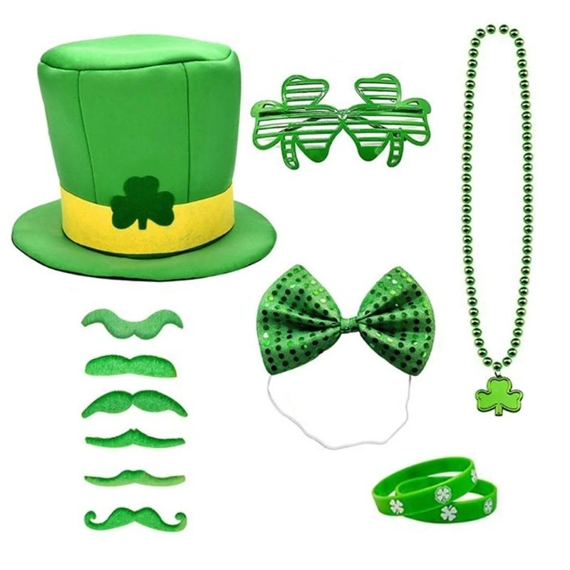 U90E Adult Patricks Day Top Hat Delicate Bangles&Beads Necklace&Glasses Set