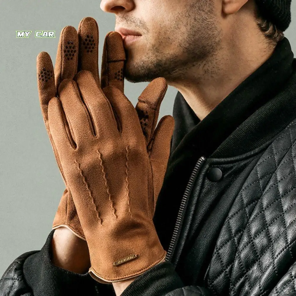 

Touch Screen Men Full Finger Mittens Warm Cycling Gloves Man Suede Gloves Ski Mittens Thicken Five Finger Driving Gloves Autumn