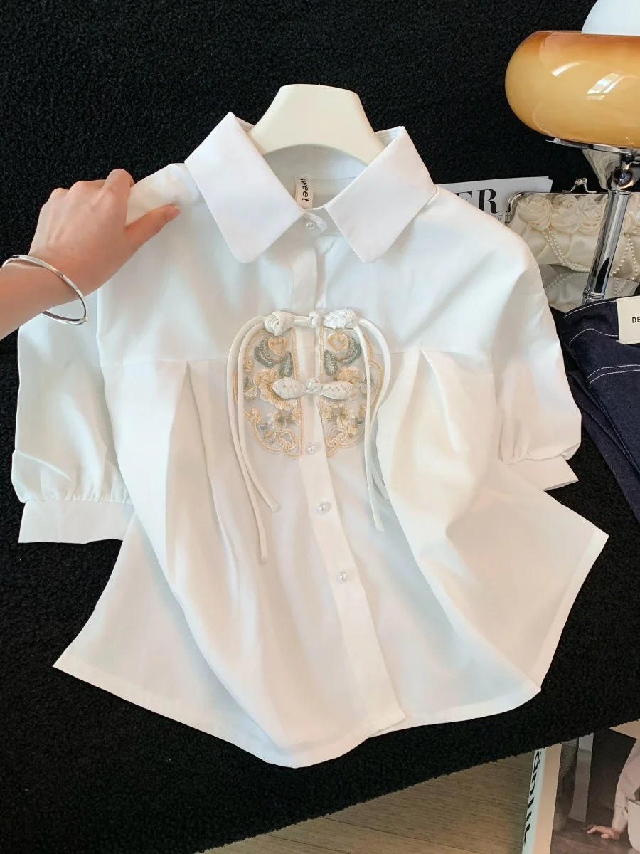 

New Chinese Style Embroidered Collar Short Sleeve Women's Shirt Summer 2026 Versatile Slimming Design Original Polyester...