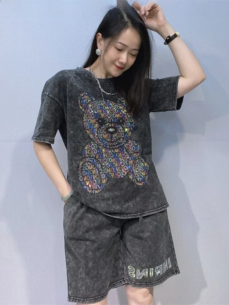 Summer Casual Women's T-shirt Shorts Set Heavy Embellished Dyeing Versatile Short Pants Two-piece Set Cotton Quick-drying
