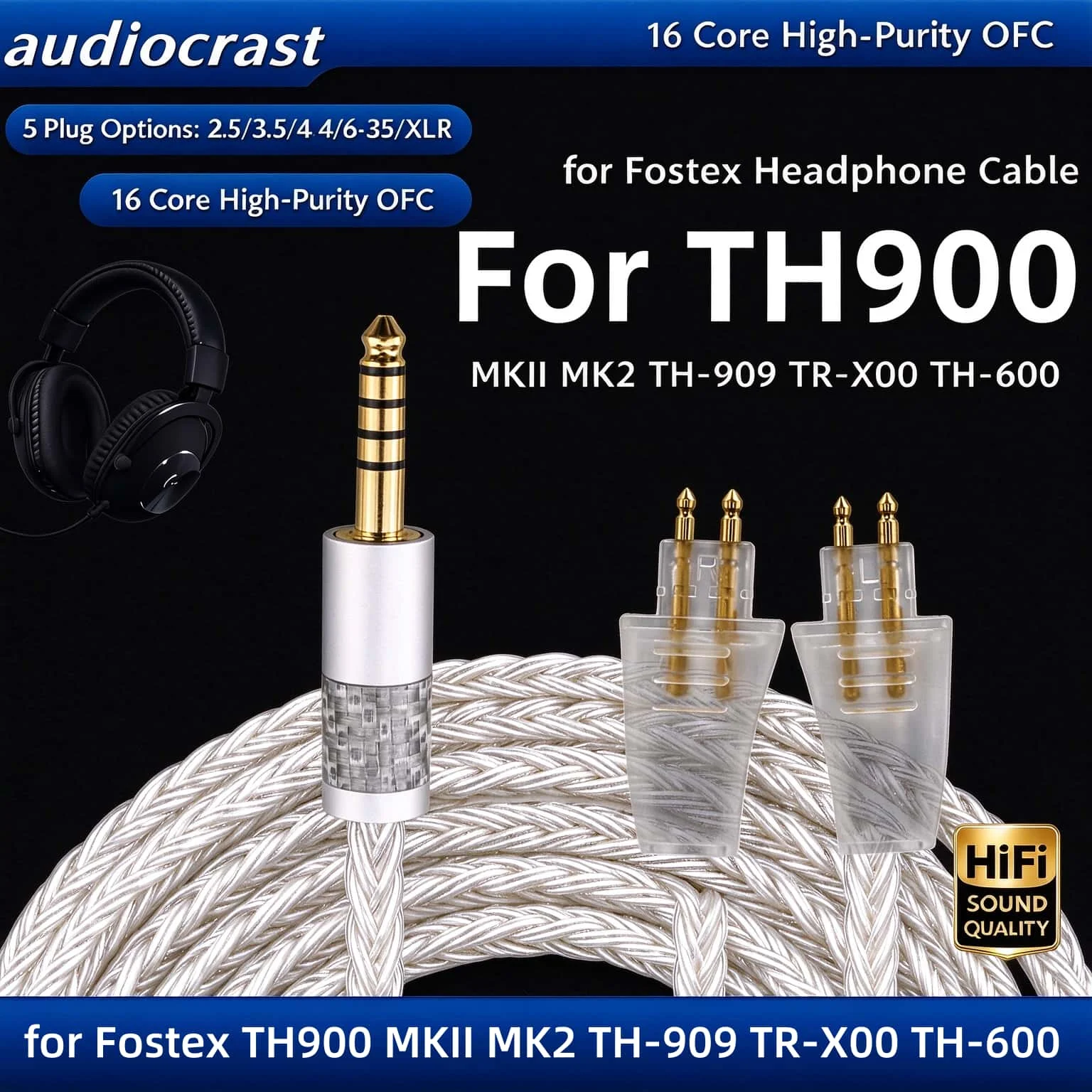 Hifi 2-Pin Headphone Cable for Fostex TH900 MKII TH909 TH610 TR-X00 2.5 4.4 XLR 3.5 0.5-3m 16 Core OCC Silver Plated