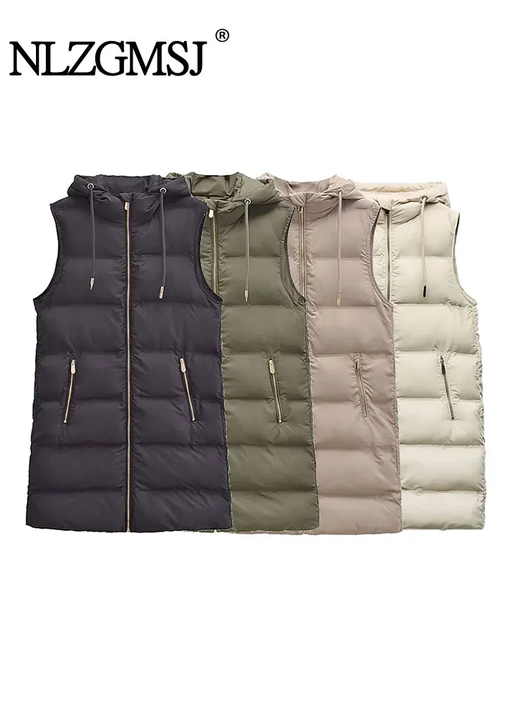 

TRAF 2023 Winter Women Hooded Zip Sleeveless Cotton-padded Jacket Vest Female Thickened Warm Mid Length Waistcoat Parka Coat