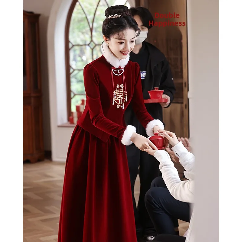 

New Chinese Sle Long Sve Fro Coat Wedding Dr Thiened And Fluffy for Return Home Dinner Red Color Sweet Aeement