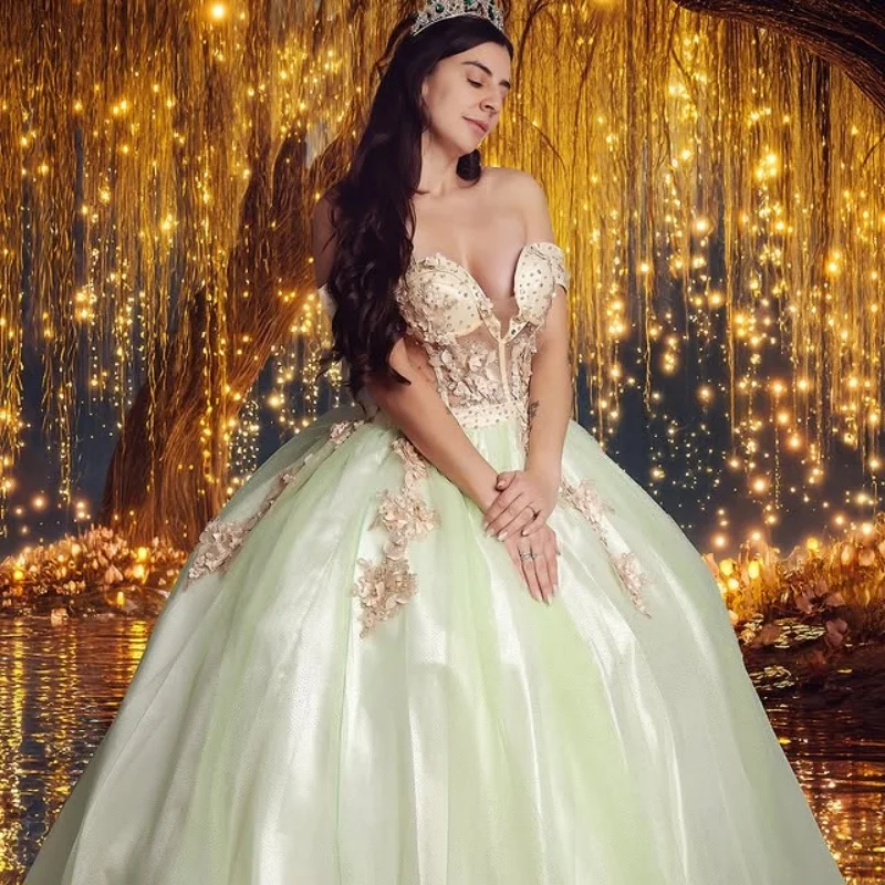 

Customized cyan Off Shoulder Quinceanera Dress crystal Tull Lace layering flower applique vestidos de 15 Quinceanera