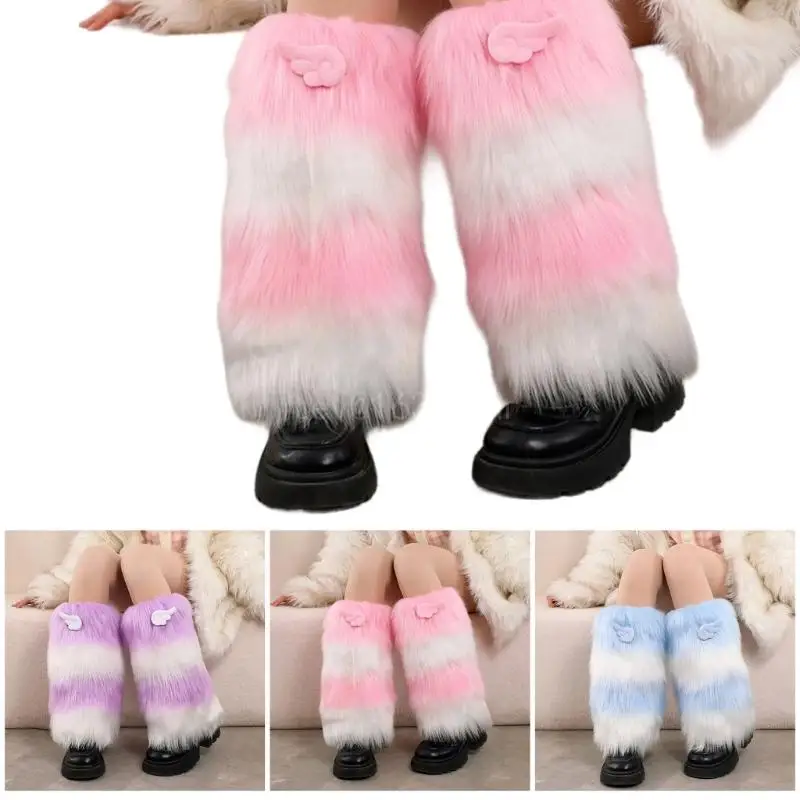 

Women Girls Japanese Colorblock Plush Leg Warmer Sock Winter Warm 3D Wing Anime Fuzzy Boot Cuffs Leg Cover