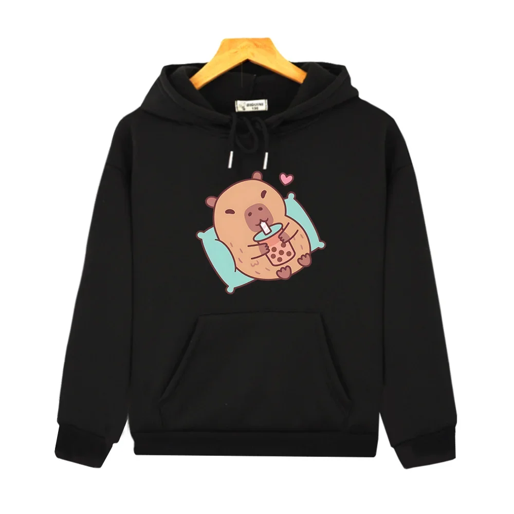 Capybara Loves Drinking Bubble Tea Hoodies Causal Children Kawaii Printing Sweatshirt with Pocket Sudadera Boys Girls Clothing