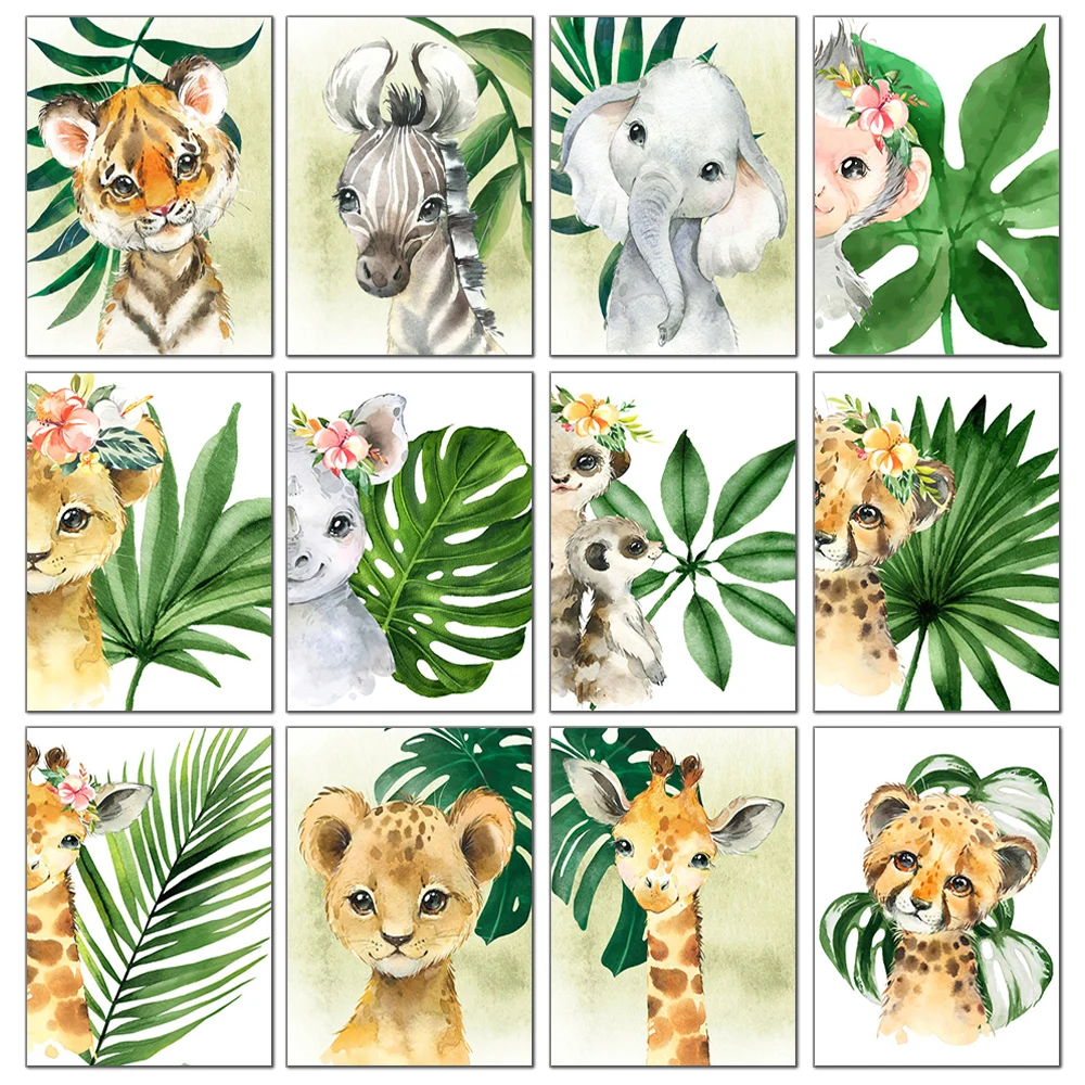 Cartoon Animal Diamond Painting Plant Leaf Lion Zebra Giraffe Elephant Diamond Embroidery Cross Stitch Baby Kids Gift Home Decor