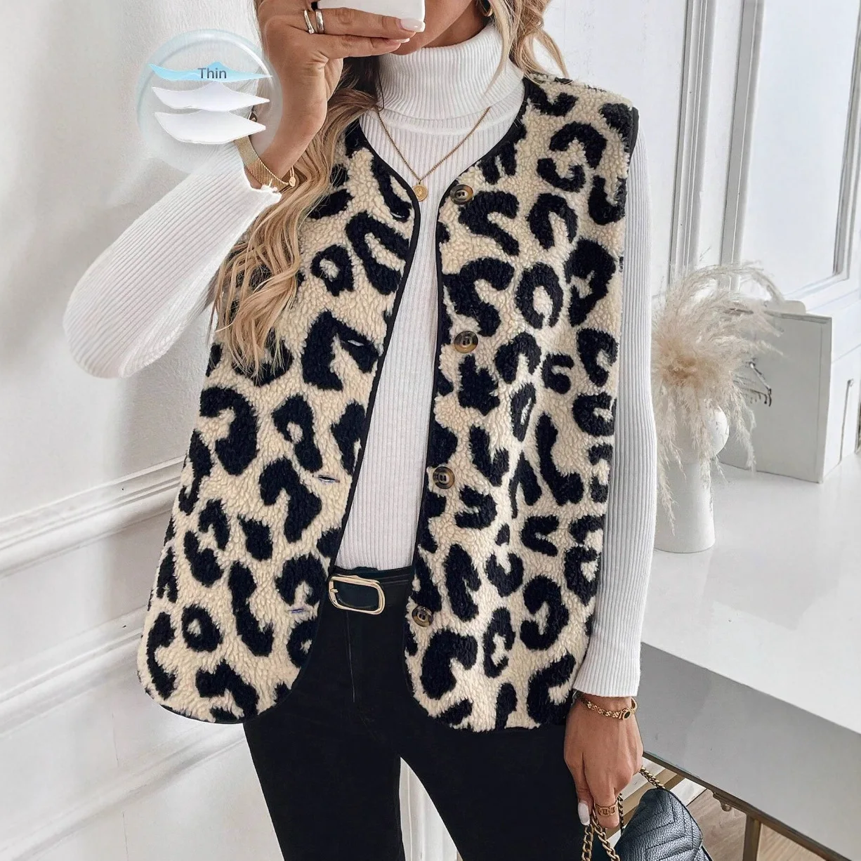 

2025 Simple Plush Printed Womens Vest Autumn Winter Button Front Leopard Pattern Vneck Jacket Polyester