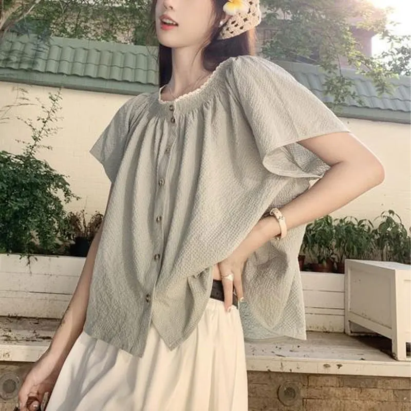 Casual Sweet Lace Spliced Blouse 2024 Summer Korean Short Sleeve Loose Female Clothing Solid Color Commute Single-breasted Shirt