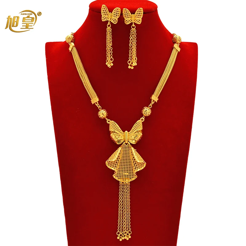 

XUHUANG African Bridal 24k Gold Color Butterfly Shape Necklace Sets With Pendant Indian Drop Earrings Jewellery Sets Party Gifts