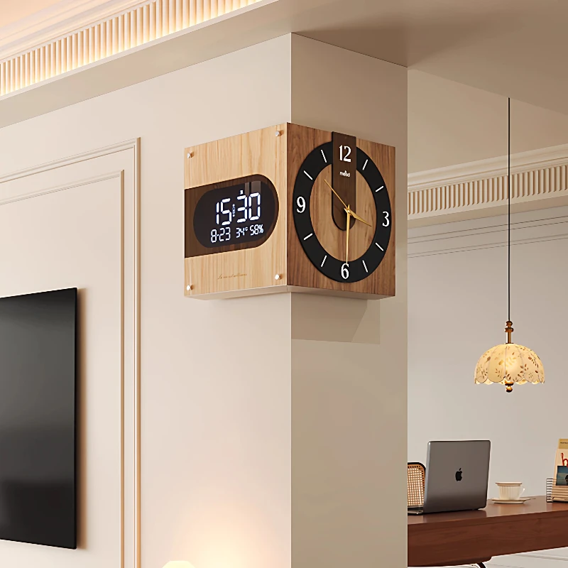 Mid-Century Modern Corner Clock with Perpetual Calendar Dual Display Digital Wall Clock Vintage Angle Timepiece for Living Room view 3