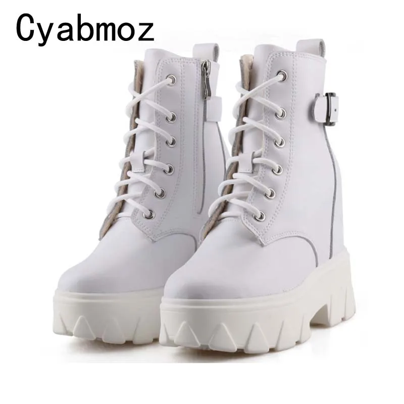 

Women Warm Martin Boots Genuine Leather Ankle Boots Wedge Height Increasing 12CM Sneakers Thick Sole Buckle British Booties Shoe