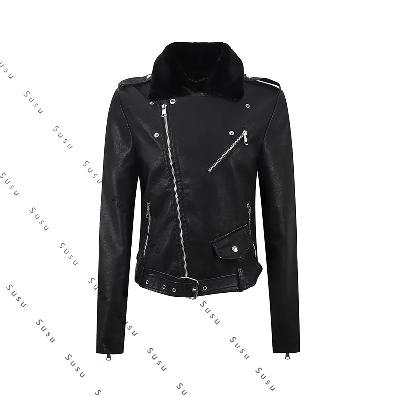 

Новинка 2025 года, женская кожаная куртка, женская кожаная куртка, тонкая одежда-локомотив, съемный меховой воротник