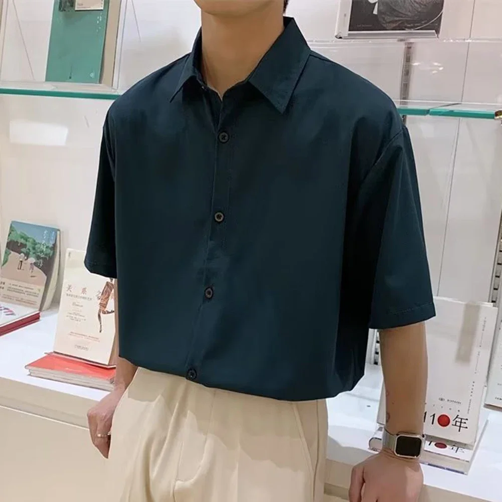

Draped Fashion Top Mens Short Sleeve Shirt Solid Color Pattern Brand New Condition Lapel Neckline Vacation Attire