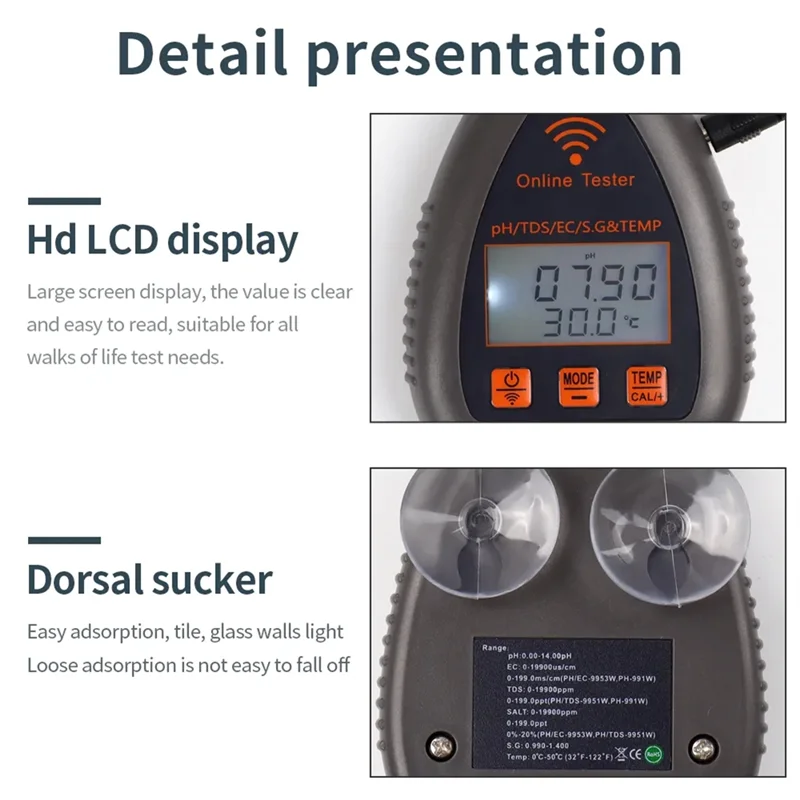 AEF7-Tuya Wifi 5In1 Water Quality Tester Online Monitor TDS S.G Salinity Temperature Test Meter Pool PH Meter EU Plug