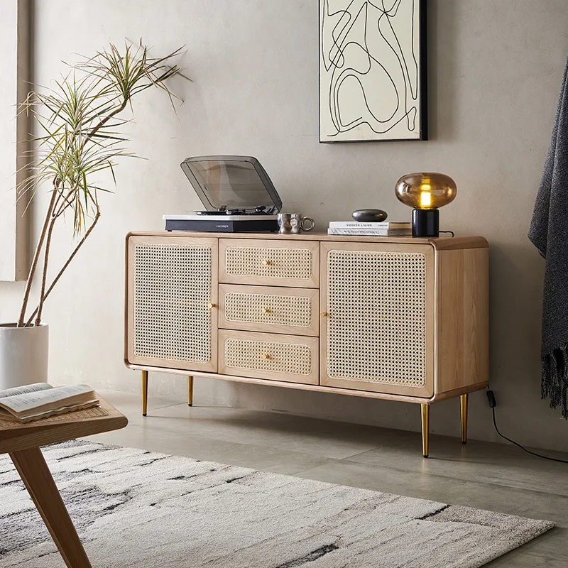 

Nordic Solid Wood Modern Simple Rattan Locker, Drawer, Storage Cabinet, Three-bucket , Side Cabinet Kitchen Living Room