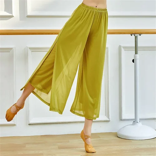 Imagen 2 del producto Pantalones de baile modernos para mujer, pantalones de baile de pierna ancha holgados de nailon de malla, pantalones de Yoga diarios para danza clásica china para mujer