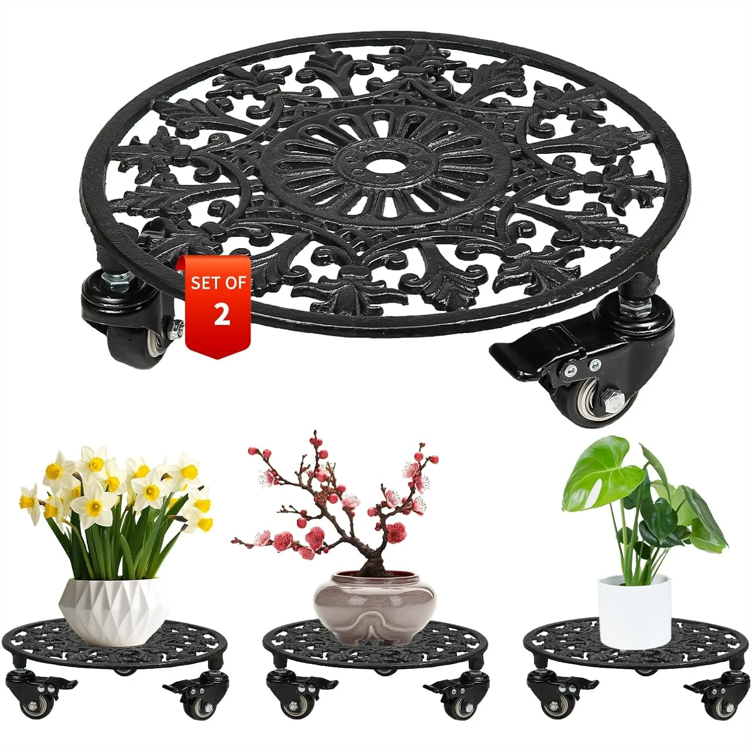 

Rolling Plant Stand with Wheels, 2 Pack Heavy Duty Metal Plant Caddy 11 Inch Wrought Iron Plant Dolly for Large Potted Plants