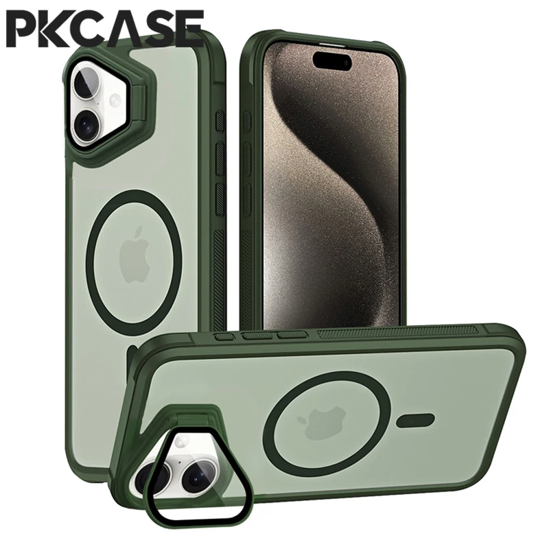 

PKCASE For MagSafe Magnetic Ring Phone Case For iPhone 16 15 14 Plus 13 12 11 Pro Max Stand Glass Lens Protection Cover