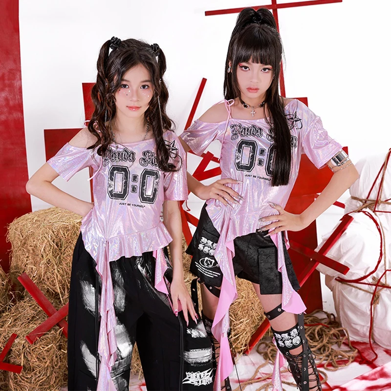 2025 Modern Jazz Dance Costume Ragazze Top rosa Pantaloni neri Kpop Hip Hop Performance Abbigliamento Estate Concerto Stage Outfit BL15672
