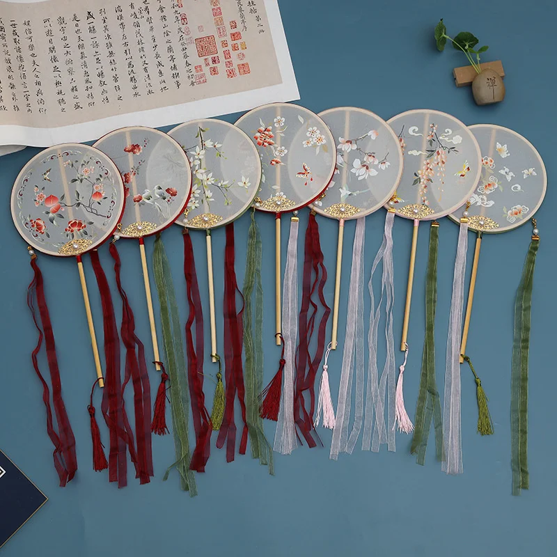 New Antique For Palace Fan Hanfu Handmade Round Fan Children\'s Long Handled Palace Fan With A Diameter Wedding Favors Gifts