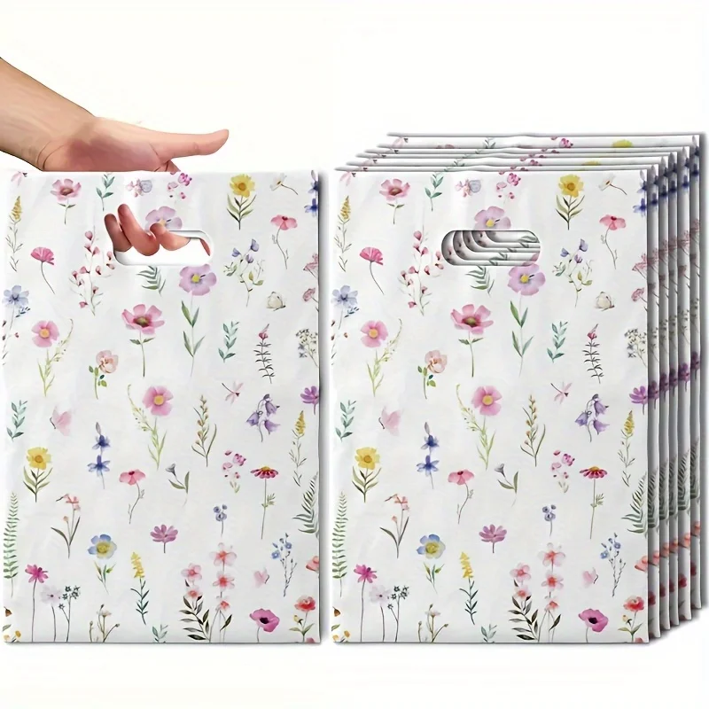 30/50pcs Summer Wildflowers Plastic Gift Bags,Floral Grass Butterfly Design Handheld Bag for Wedding,Plastic Decorative Gift Bag