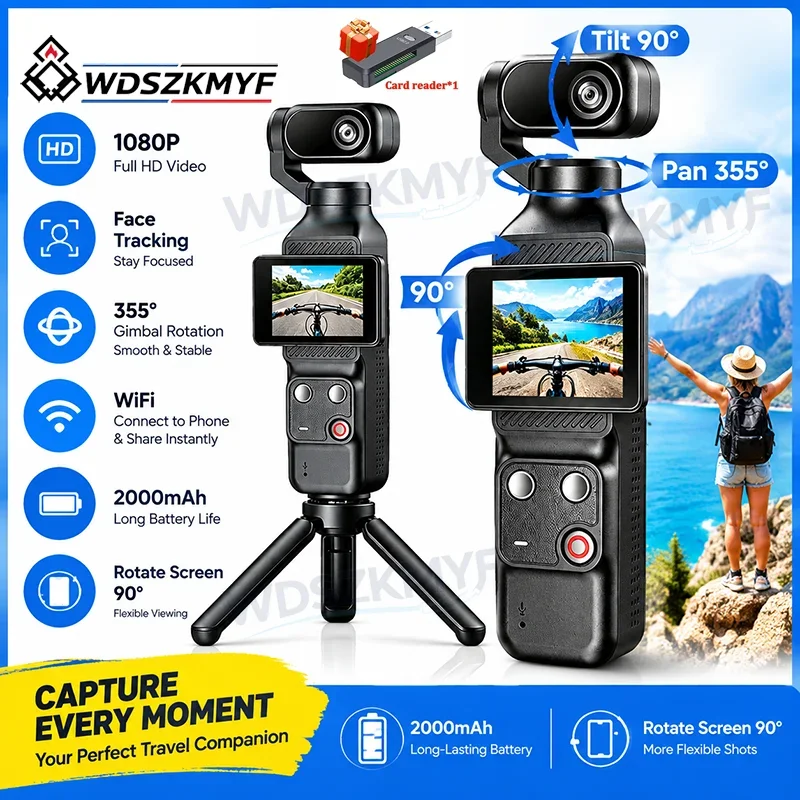 Action Camera 1080P 2 inch Touch Screen 355° Face Tracking Gimbal Stabilizer WiFi Pocket Vlogging Camera for Outdoor Recording