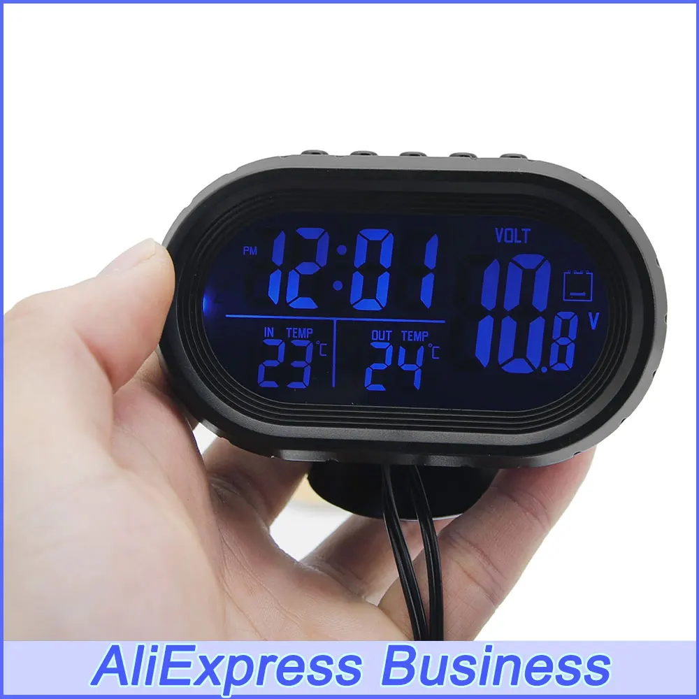 BU 12V Blue Green Backlight 3in1 Car Voltmeter Thermometer LCD Digital Noctilucous Clock Interior Accessories Temp Gauge