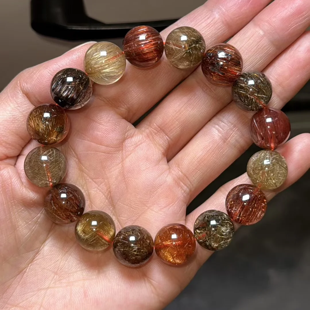 

Natural Colorful Rutilated Quartz Bracelet 13mm SIlver Copper Gold Rutilated Crystal Clear Round Beads Women Man Bracelet AAAAA