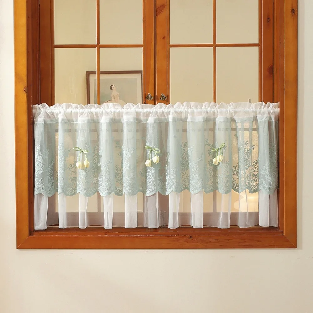Pastoral Style Floral Lace Curtains Sheer Voile Lace Trim Embroidered Curtains Dust-Proof Light Blocking Window Drapes