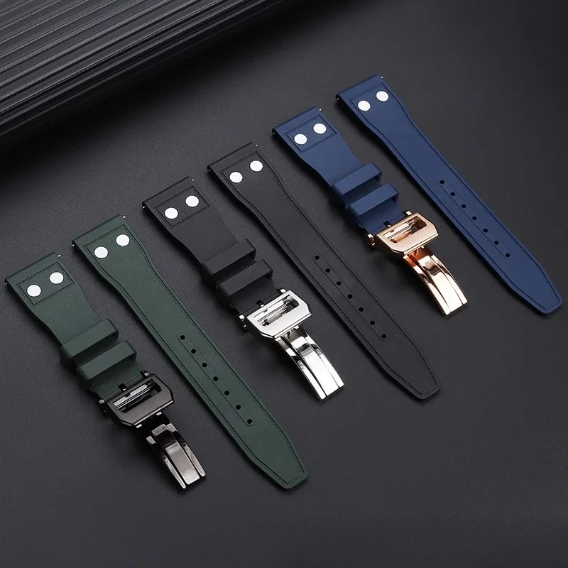 Soft Fluororubber FKM Rubber Watchband For IWC Strap Big Pilot Portofino TOP GUN Watch Band With Rivet