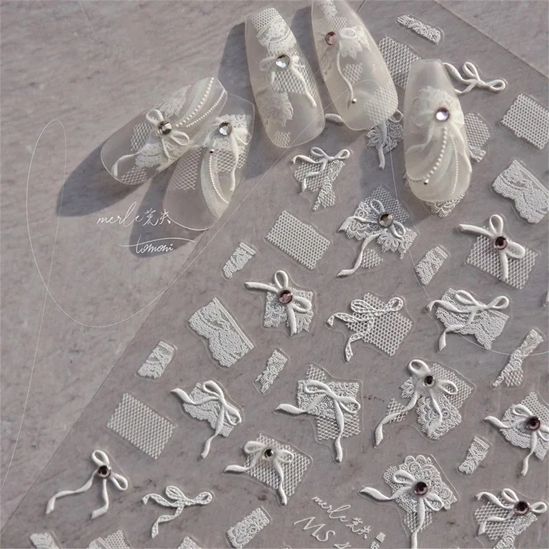 1 pz 5D diamante giapponese pizzo bianco arco adesivi per nail art perla strass decorazione per unghie decalcomanie adesive cursore accessorio fai da te