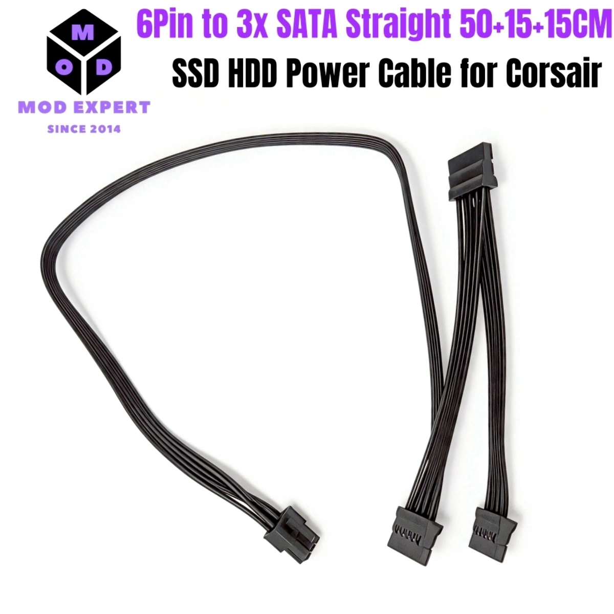 

6Pin to 3x SATA Male Straight Hard Disk Drive HDD SSD Power Supply Cable for Corsair AX1200 Gold Modular Power, 50+15+15CM 18AWG