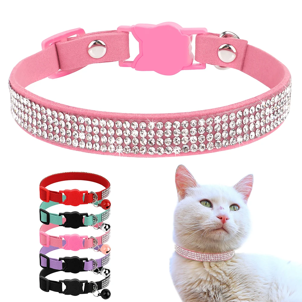 Suede Leather Cat Collar Bling Rhinestone Cats Collars with Bell Safety Breakaway Pet Puppy Necklace Adjustable XS S Pink Soft