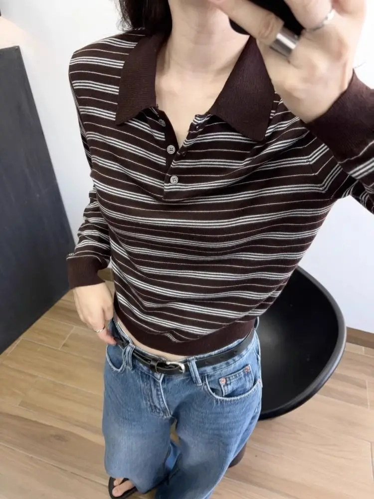 

Vintage Striped Knitted Polo Shirt Long Sleeve Tops Woman 2025 Autumn Fashion Casual Long Sleeve T-shirt Pullover