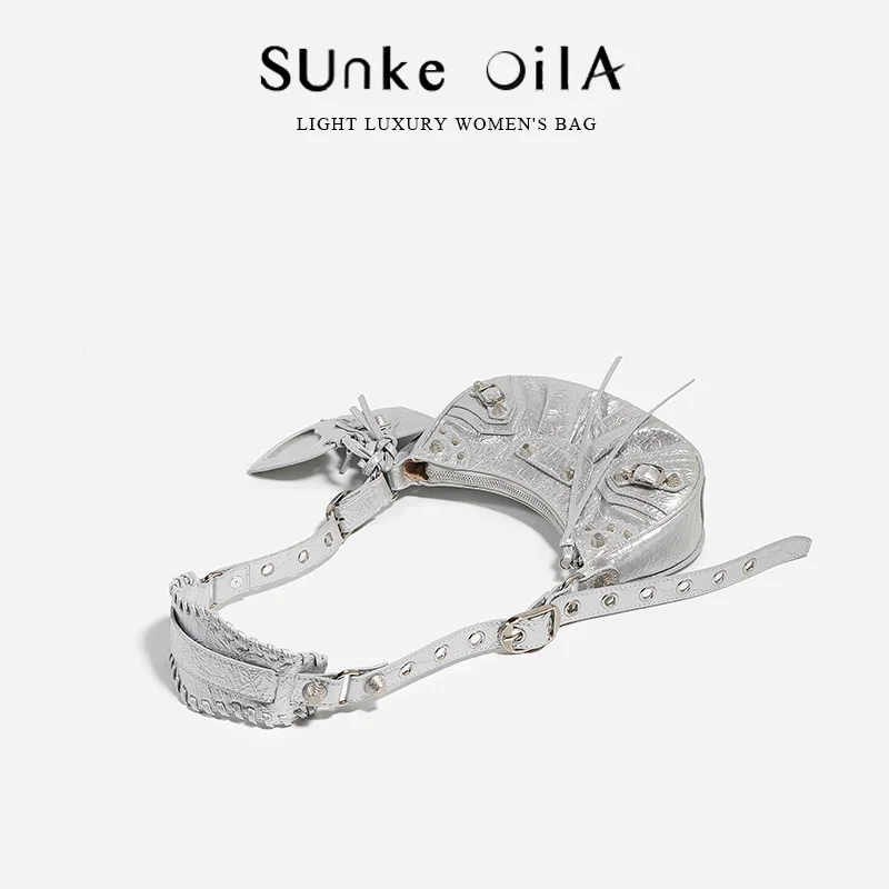 

Sunke OiLA Silver Leather Motorcycle Bag with Rivet Tassel Tee-In-One Underarm Bag for Women 2025 New Sle Casual oulder...