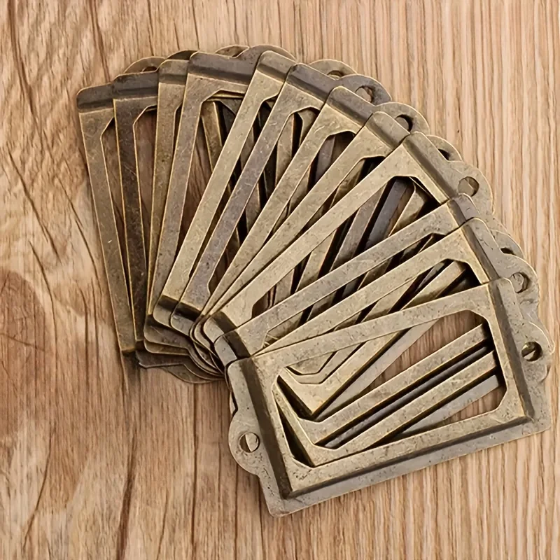 10pcs Vintage Antique Brass Label Holders for Drawer Cabinet Frames with Screws, Classic Design Iron Office Storage Supply Tags