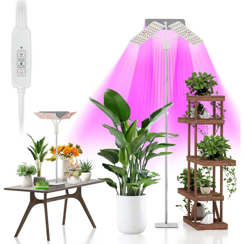 Grow Lights with Base, Three Heads, Full Spectrum LED Grow Light for Indoor Plants, 360 Leds, 4 Dimmable Levels, Timer 4/8/12h