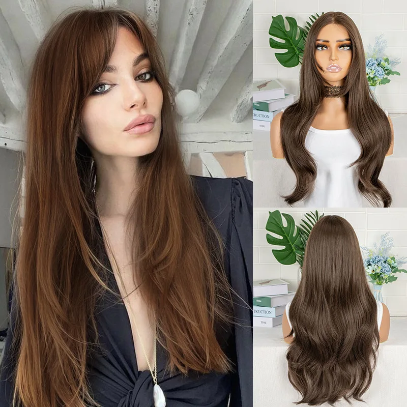 

women lace chemical fiber headgear brown bangs with long curly Wig