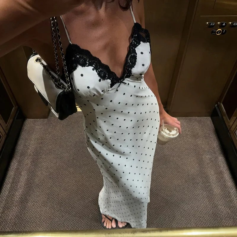 

Sexy Lace Patchwork Women Polka Dot Long Dress Fashion V-neck Sleeveless Slim Suspender Dresses Summer Lady Chic Streetwear