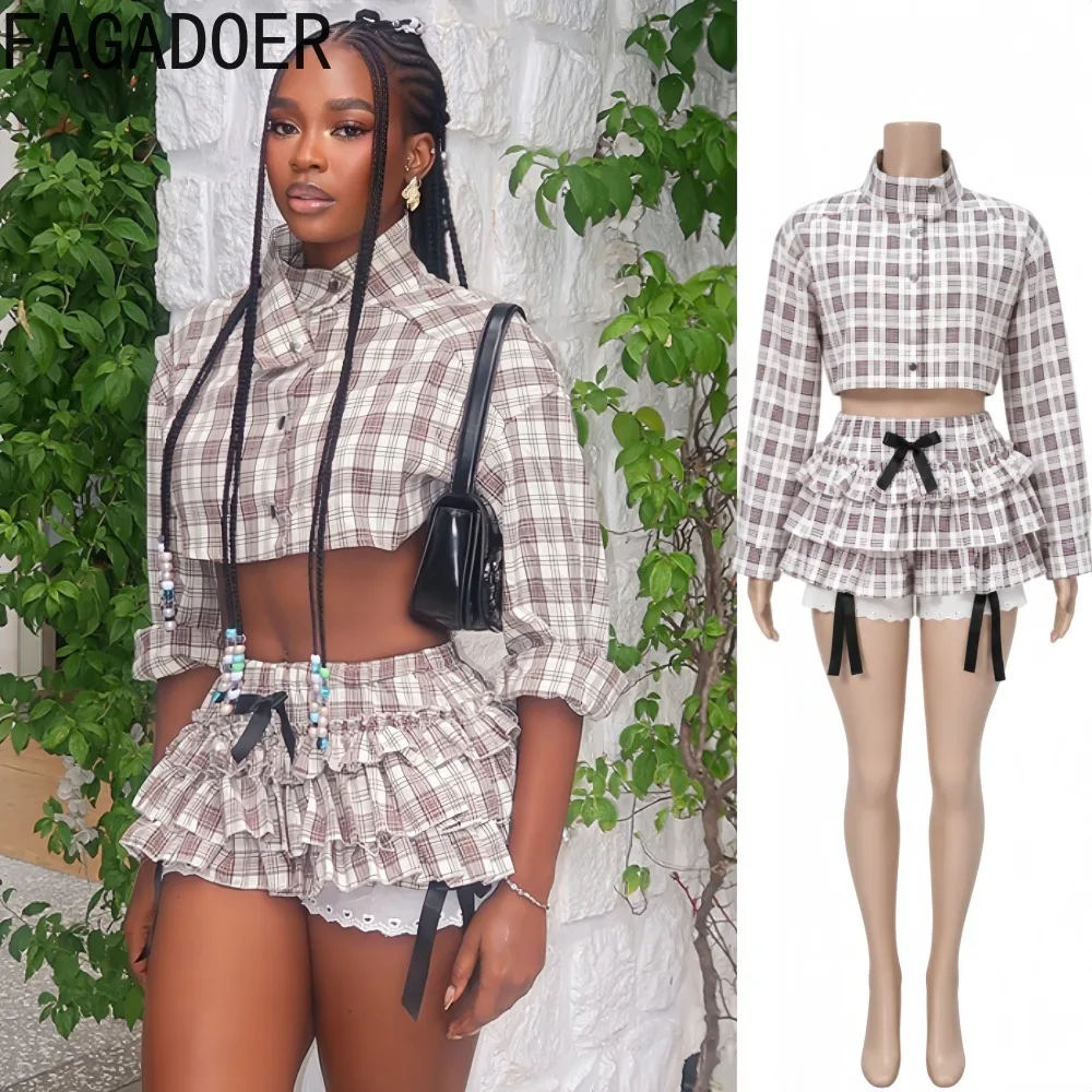 FAGADOER Women Y2K Plaid Crop Top Ruffle Mini Skirt Two Piece Set Vintage Preppy Style Streetwear Casual Fashion Matching Outfit