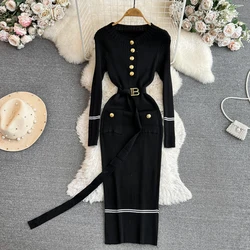 Women Dress 2024 Autumn Winter Elegant Rib Knit Long Pencil Dress with Belt Office Lady Bodycon Sweater Dress Vestidos