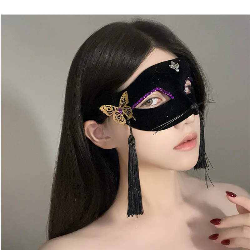 Strass gland vénitien mascarade masques femmes chat demi visage Halloween fête Cosplay Costume accessoires élégant noir