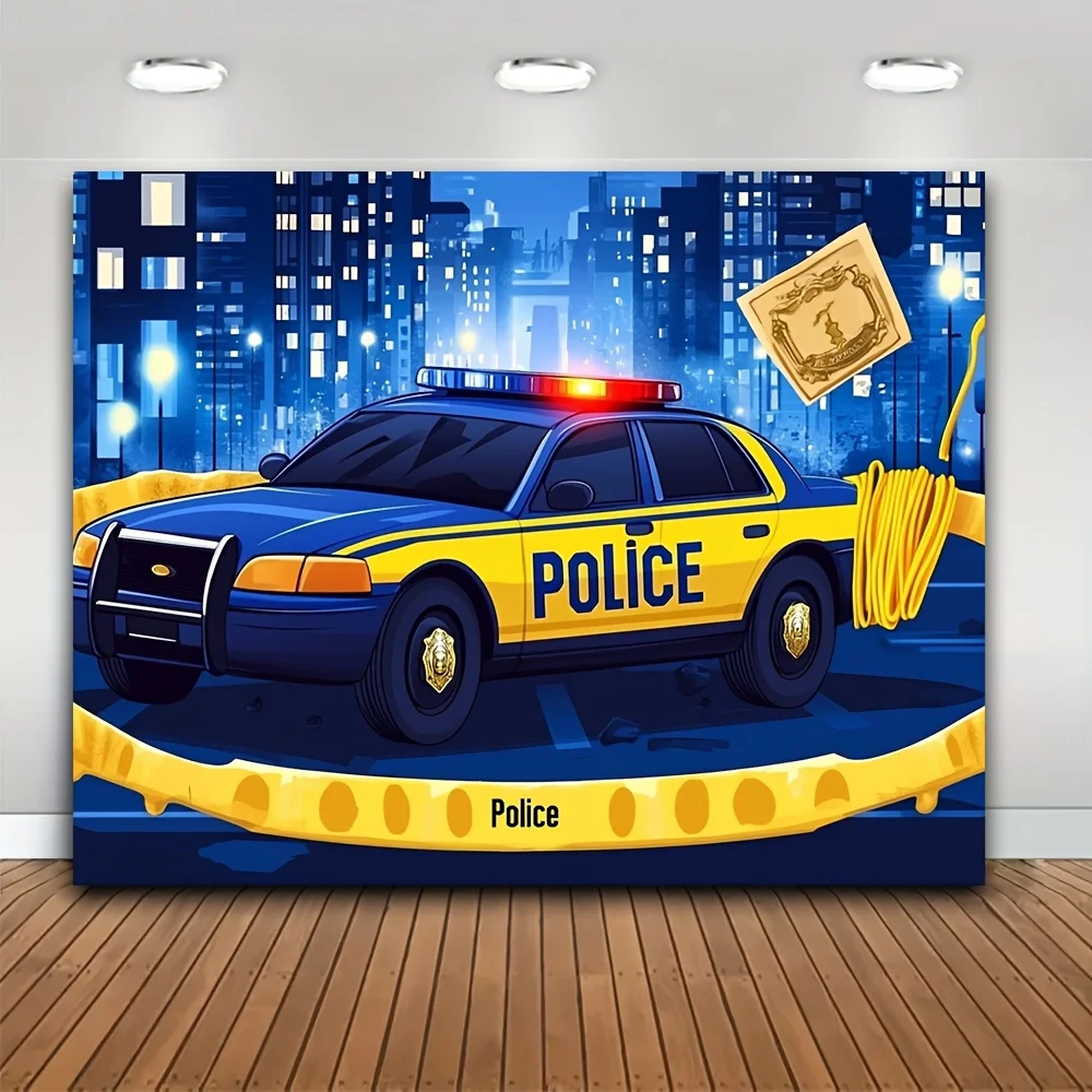 2D Flat Police Car Theme Party Banner - Durable Polyester With Cartoon Badge Design For Indoor Events & Decorations